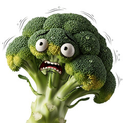 Scared broccoli floret with cartoon face expressing fear, a whimsical vegetable character for healthy eating promotion and fun food concepts