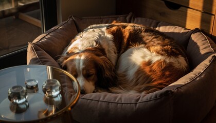 Peaceful Tricolor Dog Curled Up Asleep in a Cozy Dark Dog Bed with Warm Light