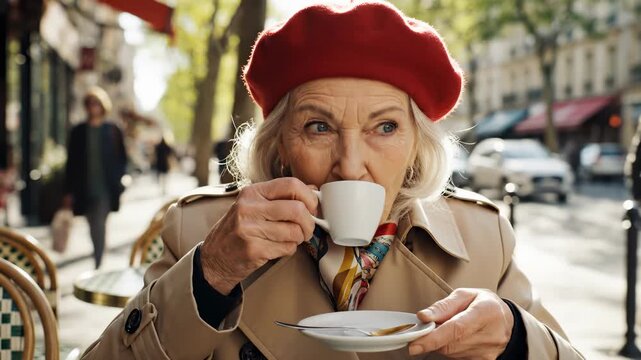 Elegant Senior Woman Enjoys Coffee at Outdoor Cafe in Paris