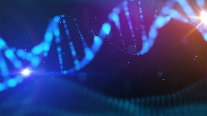 Futuristic DNA strand made of glowing particles. Concept of genetic engineering biotechnology and digital science data. Genomic sequence medical research background. AI tech Innovation vector backdrop