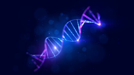 Shiny particle DNA helix background. Abstract genetics technology and bio data concept. For science presentation medical innovation. Digital structure biotechnology and scientific research background