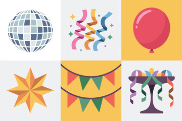 Party celebration tiles, disco ball, confetti streamers, red balloon, golden starburst, festival bunting, clown mask, cheerful vector illustration