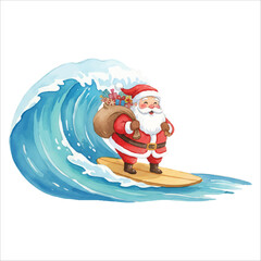Watercolor Santa Claus surfing on wave, Christmas vector character isolated on white
