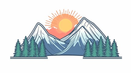 Stylized illustration depicts snowy peaks rising above evergreen trees with a bright sun shining overhead