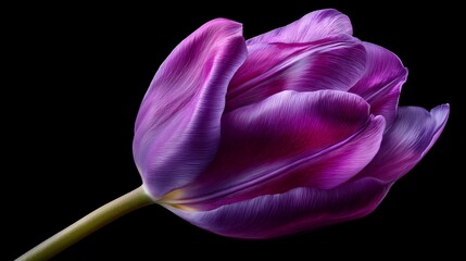 Single vibrant purple tulip flower with elegant petals blooming against dark black background for luxury floral wall art decoration