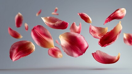 Red and pink tulip petals falling and levitating in the air on light grey background with soft shadows for creative floral concept design
