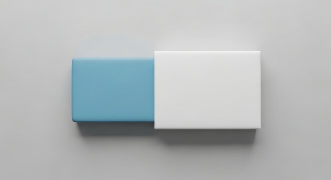 Two square boxes, one blue and one white, on gray background.