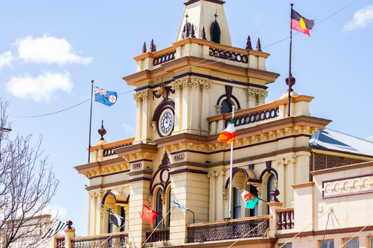 Glen Innes Town Hall on bright windy sunlit day in Northern Tablelands, NSW, Australia