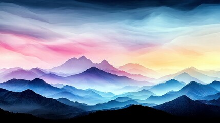 A layered mountain landscape fades into the distance under a colorful sky with pink, purple, and blue tones.