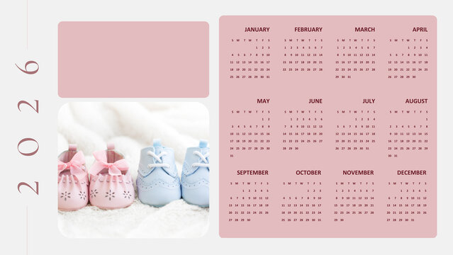2026 yearly wall calendar with cute baby girl and boy shoes on soft white background, pastel theme, clean monthly grid, printable design.