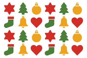 Holiday symbol pattern, trees and stars, bells, hearts, stockings, repeating festive icons grid, colorful decoration, seamless vector