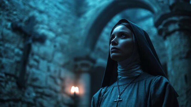 Young Nun in Prayerful Contemplation Inside Ancient Stone Church, Moody Lighting and Arched Architecture, Religious Devotion and Faith.
