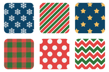 Fototapeta premium Winter pattern squares, white snowflakes, candy stripe, gold star field, green chevron wave, classic plaid, seamless digital background