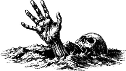 Skeleton hand emerging from dark water. Vintage vector illustration featuring a skull and waves, creating a mysterious visual image.
