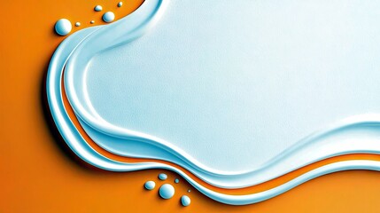 An abstract design featuring smooth, flowing waves of white and light blue with small spherical droplets against a vibrant orange background.