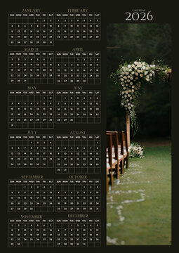 Elegant Vertical 2026 Calendar with Wedding Garden Aisle, Luxury Event Planning and Lifestyle Concept