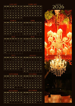 Luxury Vertical 2026 Calendar with Chandelier and Red Floral Decor, Elegant Event and Lifestyle Planning Concept