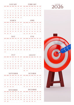 2026 yearly wall calendar with red target and arrow hitting the bullseye, clean minimal layout, goal-setting and success-themed planner.