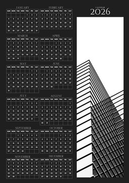 2026 yearly wall calendar with minimalist black and white skyscraper architecture, clean modern layout, and elegant monthly grid design.