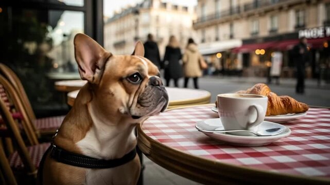 Curious french bulldog enjoying parisian cafe atmosphere with pastries and people