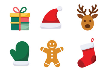 Christmas holiday icons set, gift box, santa hat, reindeer face, mitten glove, gingerbread cookie, red stocking, vector