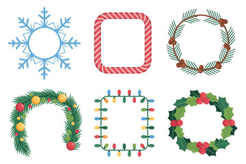 Christmas wreath and frame set, evergreen garlands, light string square, candy border, arch topper, festive design vector