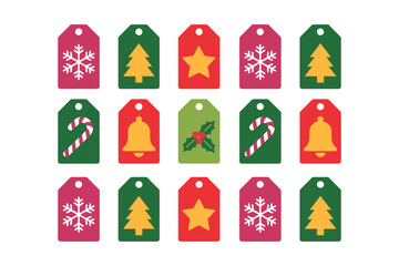 Colorful gift tags grid, red and green labels, snowflakes, stars, trees, candy canes, holiday wrapping accents, vector
