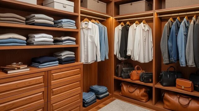 Closet Organization: An expertly organized closet, showcasing an array of folded clothes, neatly hung shirts, and various storage solutions, perfectly demonstrates elegance and meticulous style.