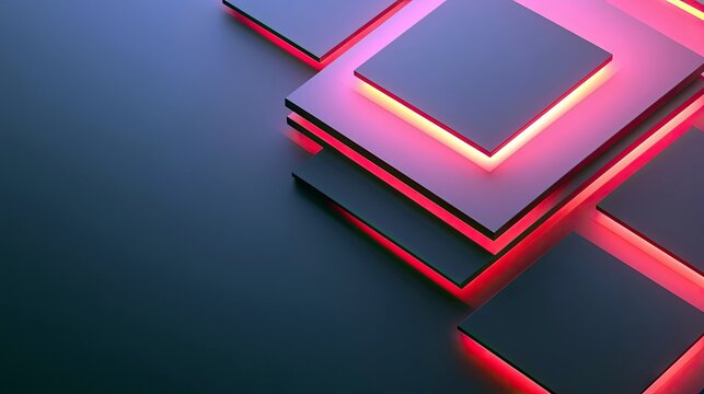 A dark, abstract background features stacked geometric squares with glowing red edges, creating a modern and dynamic visual.