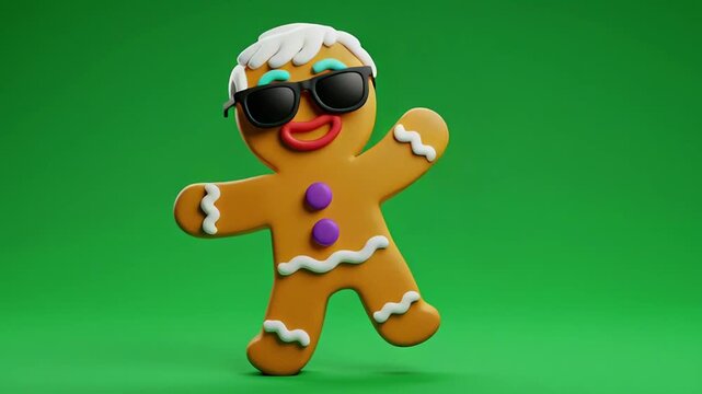 Full-body 3D rendering of a cool gingerbread man character with white hair and sunglasses, isolated on a vibrant green screen. Perfect for Christmas, holiday marketing, funny chroma key