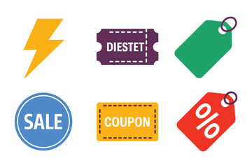 Sale and coupon tag icons, discount percentage labels, lightning deal symbol, stitched badges, shopping promotion elements, vector illustration