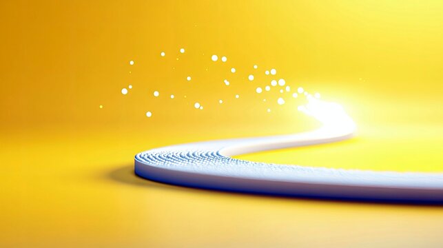 A bright, luminous trail of light curves across a vibrant yellow background, with small white particles scattered around its source.