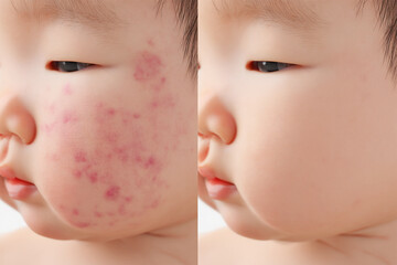 Baby face with atopic dermatitis on cheeks. Eczema. Allergy. Dry skin, rash, itch and other dermatology symptoms. Baby skin care Healthcare and skin diseases. Before and after shot
