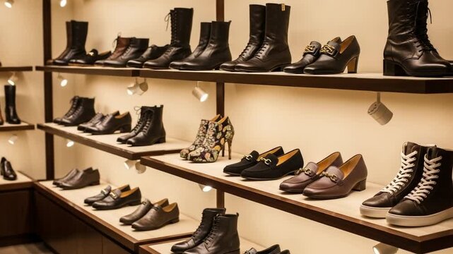 Shoe Display: Shelves are filled with an array of stylish footwear, neatly arranged and illuminated, ready for fashion and comfort.