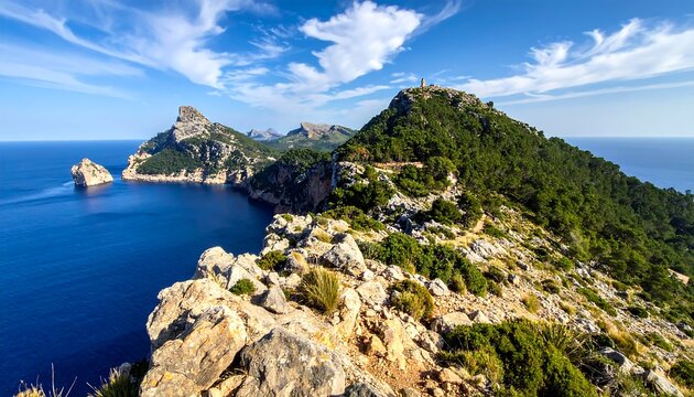 Stunning panoramic view of the rugged coastline at Cap de Formentor in Mallorca Spain.
