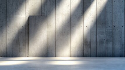 A minimalist interior space featuring a rough concrete wall with vertical paneling and a recessed rectangular panel, dramatically lit by sunlight casting shadow