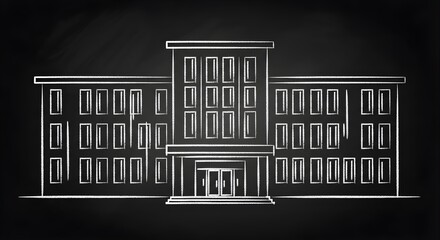 Chalk drawing illustration of a large school building facade on black.