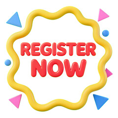 Vibrant Register Now Text in Playful Design with Colorful Shapes
