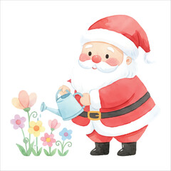 Watercolor Santa Claus gardener watering flowers, Christmas vector design isolated on white

