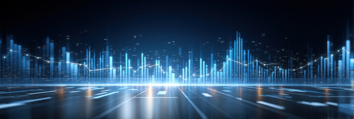 Futuristic data visualization skyline with glowing blue bar charts and line graph