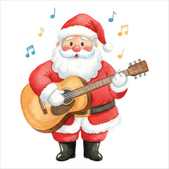 Watercolor Santa Claus playing guitar as musician, Christmas vector artwork isolated on white
