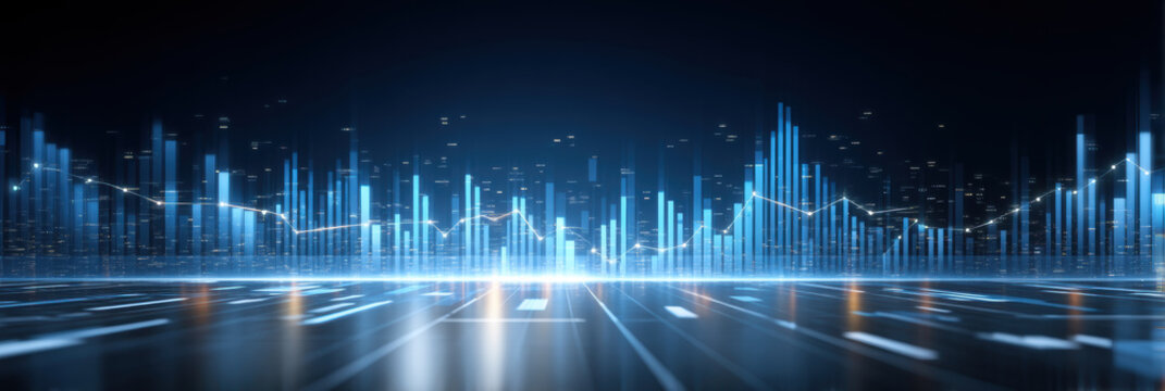 Futuristic data visualization skyline with glowing blue bar charts and line graph