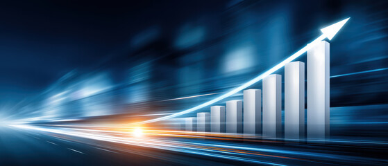 Growth chart with glowing upward arrow and motion blur city lights
