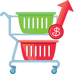 Shopping cart with green and red baskets showing upward arrow and dollar sign indicating increased spending and consumerism against a transparent background