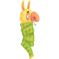 Sick Llama Wrapped In A Green Scarf With A Thermometer In Its Mouth And Red Cheeks Suffering From A Cold On A White Background