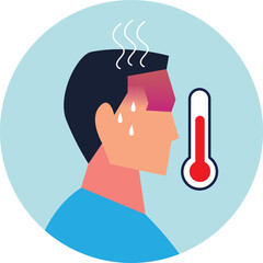 Sick Man With Fever And Sweating Visage Displays High Temperature On Thermometer With Blue Circular Background And Steam Rising From Forehead Health Concern