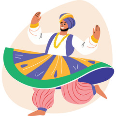 Sikh Man In Traditional Punjabi Attire With Turban And Dangling Earring Dancing Joyfully With Arms Raised In A Circle