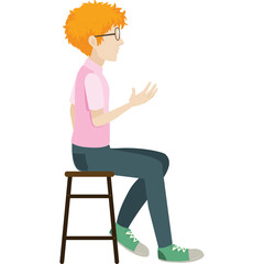 Side Profile Of A Person With Orange Hair And Glasses Sitting On A Stool Wearing A Pink Shirt Blue Pants And Green Sneakers