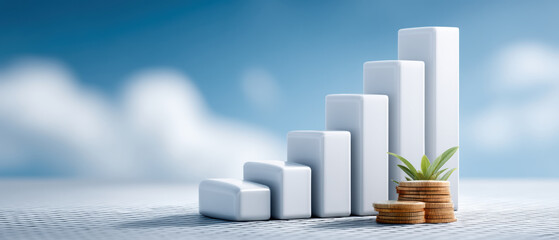 Growing financial growth chart with stacked coins and small plant symbolizing investment progress