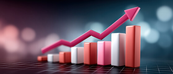 Pink rising arrow and colorful bar chart showing growth and success with soft bokeh mood